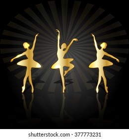 Gold ballerinas with reflection dancing on the stage.
