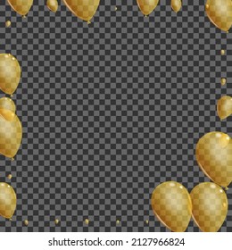 Gold Ballon Background Transparent Vector. Baloon Inflatable Banner. Yellow Festival Helium. Confetti Jubilee Frame.