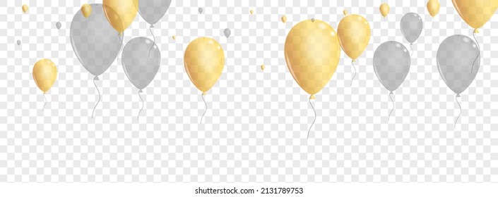 Gold Ballon Background Transparent Vector. Baloon Happy Illustration. Yellow Shiny Confetti. Helium Wedding Design.