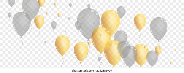 Gold Ballon Background Transparent Vector. Toy Anniversary Frame. Yellow Abstract Balloon. Surprise Latex Card.