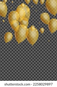 Gold Ballon Background Transparent Vector. Balloon Falling Card. Yellow Rubber Confetti. Air Shine Frame.