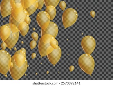 Gold Ballon Background Transparent Vector. Balloon Love Banner. Yellow Isolated Surprise. Helium Shine Border.