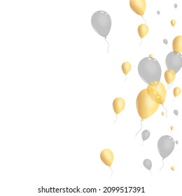 Gold Ballon Background White Vector. Toy Concept Design. Silver Holiday Confetti. Helium Streamers Background.