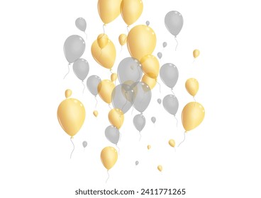 Gold Ballon Background White Vector. Surprise Graphic Card. Silver Concept Air. Balloon Celebration Set.
