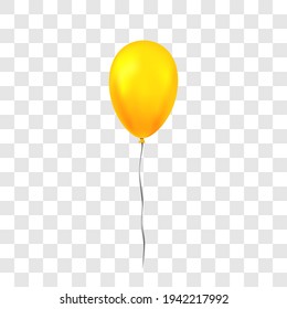 Gold balloon 3D, thread, isolated white transparent background. Golden glossy flying baloon, ribbon, birthday celebrate, surprise. Helium ballon gift. Realistic design happy bday, Vector illustration