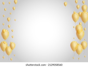 Gold Balloon Background Gray Vector. Toy Party Banner. Yellow Carnival Helium. Confetti Symbol Border.