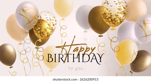 Gold balloon birthday greeting card - glossy festive inflatable helium party orbs with shimmering confetti patterns, metallic swirls and stripes on curled ribbons. Luxury celebration design.