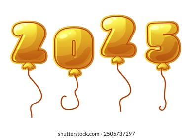 Gold balloon number 2025 new year, isolated vector. Golden holiday party decoration. Cartoon balloon shiny font