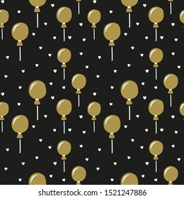 Gold balloon seamless pattern with hearts for night event decoration, gift wrapping paper, scrapbooking, textile printing, wallpaper. Black party decor filled with helium.