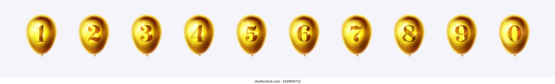 Gold balloon set with numbers 1,2,3,4,5,6,7,8,9,0. 3d vector realistic objects isolated on white background. ABC. Vector illustration and icon of foil helium golden balloons with numbers.