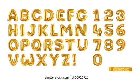 Gold balloons, alphabet letters and numbers. 3d vector realistic symbols. Festive decorations set
