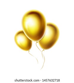 Gold balloons bunch and group isolated on white background. Realistic glossy and shiny helium ballon for birthday, party, wedding decoration. Golden color vector objects illustration. EPS10