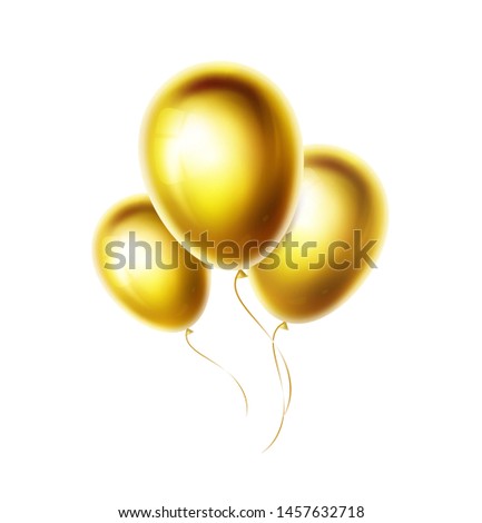 Gold balloons bunch and group isolated on white background. Realistic glossy and shiny helium ballon for birthday, party, wedding decoration. Golden color vector objects illustration. EPS10