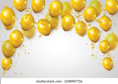 Gold balloons and Celebration background template with confetti and gold ribbons. luxury greeting rich card.