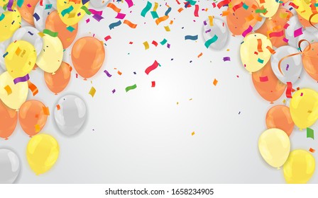 Globos de oro y plantilla de fondo de celebración con cintas de confeti y oro