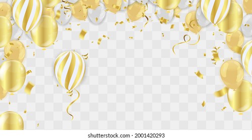 Gold balloons and Celebration background template with confetti and gold ribbons. luxury