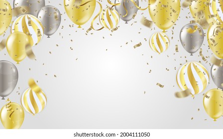 Gold balloons and Celebration background template with confetti and gold ribbons. luxury