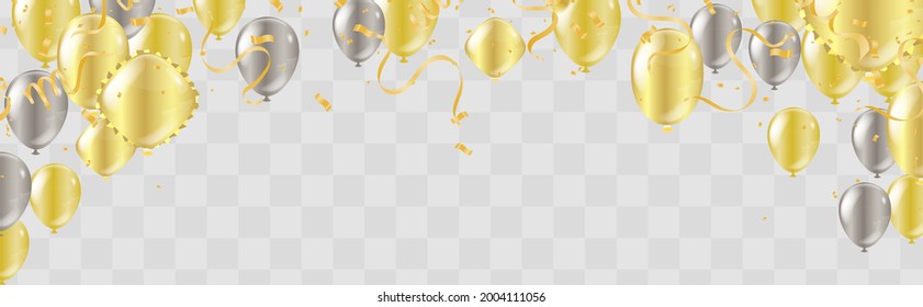 Globos de oro y plantilla de fondo de la celebración con cintas de confeti y oro. lujoso