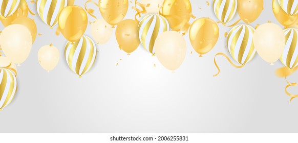 Gold balloons and Celebration background template with confetti and gold ribbons. luxury