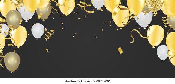 Gold balloons and Celebration background template with confetti and gold ribbons. luxury