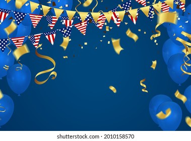 Gold balloons and Celebration background template with confetti and gold ribbons. luxury