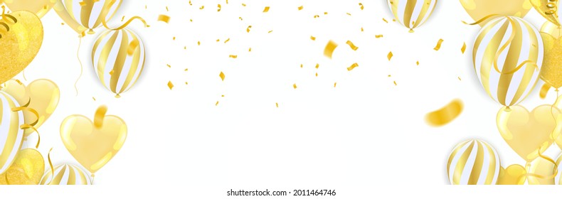 Gold balloons and Celebration background template with confetti and gold ribbons. luxury