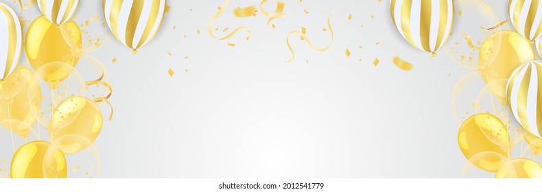 Gold balloons and Celebration background template with confetti and gold ribbons. luxury