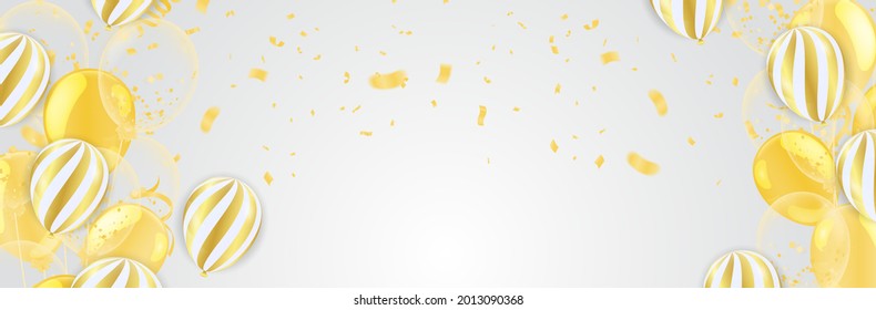 Gold balloons and Celebration background template with confetti and gold ribbons. luxury