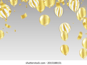 Gold balloons and Celebration background template with confetti and gold ribbons. luxury