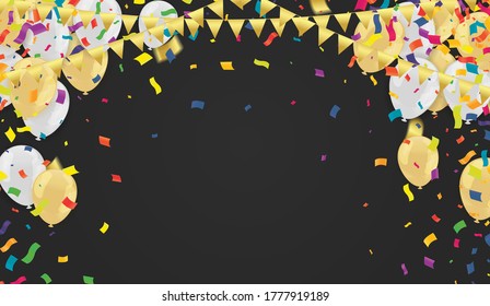 Gold  balloons, confetti, flag and party popper on white background. Vector illustration