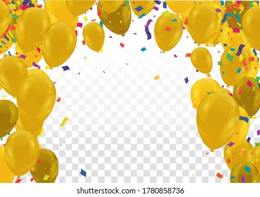 Gold  balloons, confetti, flag and party popper on white background. Vector illustration