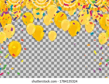 Gold  balloons, confetti, flag and party popper on white background. Vector illustration