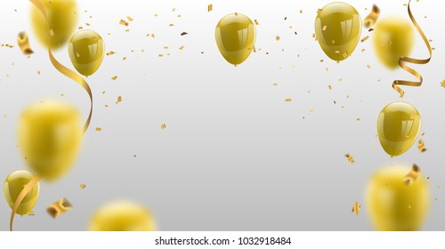 gold balloons and confetti party background, concept design. Celebration Vector illustration.