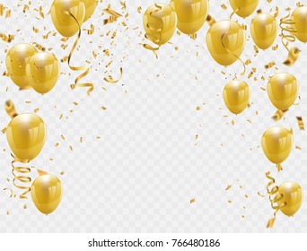 gold balloons and confetti party background, concept design. Celebration Vector illustration.