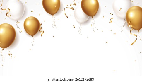Gold balloons, confetti and ribbon celebrations banner element