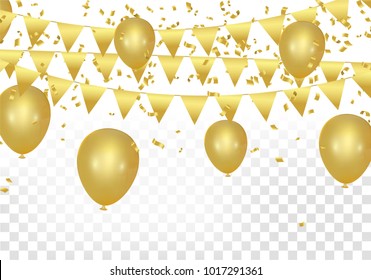 Gold balloons, confetti and streamers on white background. Vector illustration.