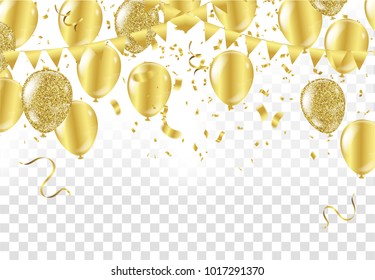 Gold balloons, confetti and streamers on white background. Vector illustration.