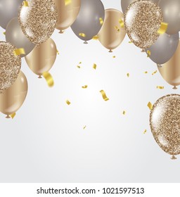 Gold balloons, confetti and streamers on white background. Vector illustration.