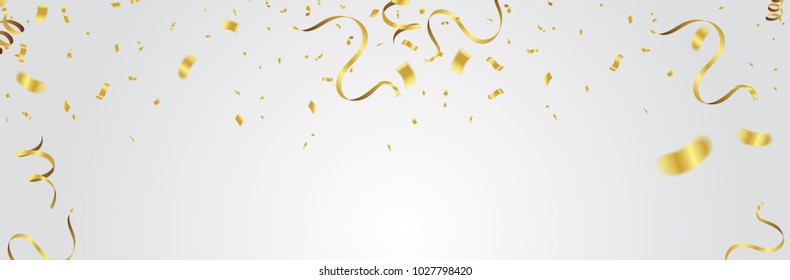 Gold Balloons, Confetti And Streamers On White Background. Vector Illustration.