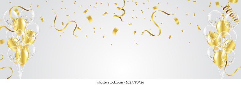 Gold balloons, confetti and streamers on white background. Vector illustration.