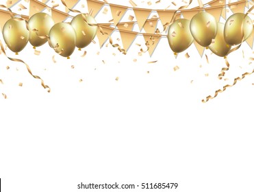 Gold Balloons, Confetti And Streamers On White Background. Vector Illustration.