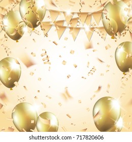 Gold Balloons, Confetti, Streamers And Party Flag On Gold Background. Vector Illustration.