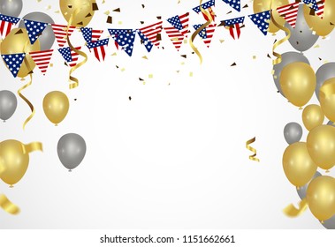Gold balloons, confetti and streamers. Vector illustration.