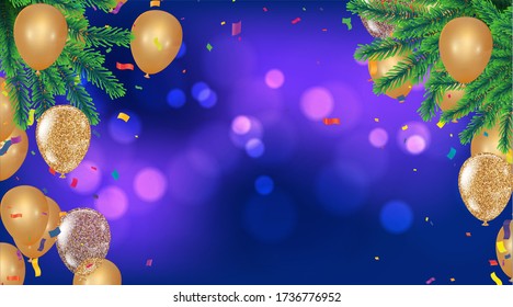 Gold balloons, confetti and streamers. Vector illustration