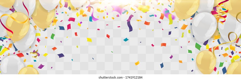 Gold balloons, confetti and streamers. Vector illustration