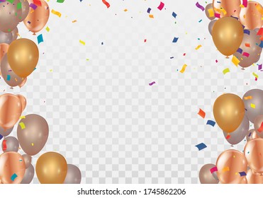 Gold balloons, confetti and streamers. Vector illustration