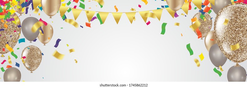 Globos de oro, confeti y tiras. Ilustración del vector