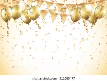 Gold balloons, confetti and streamers. Vector illustration.