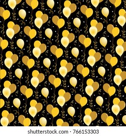gold balloons and confetti vector pattern on black background