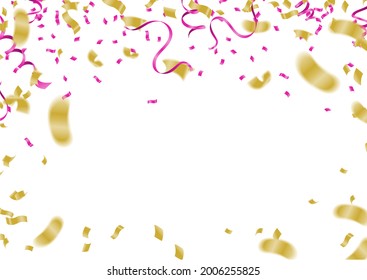 Gold balloons, Festive confetti and streamers on background. Vector illustration 